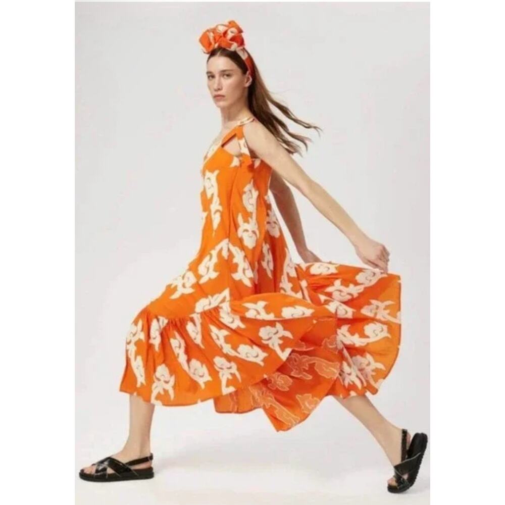 Anthropologie‎ Exquise Phoebe Flounced Maxi Dress Orange Motif Size XL